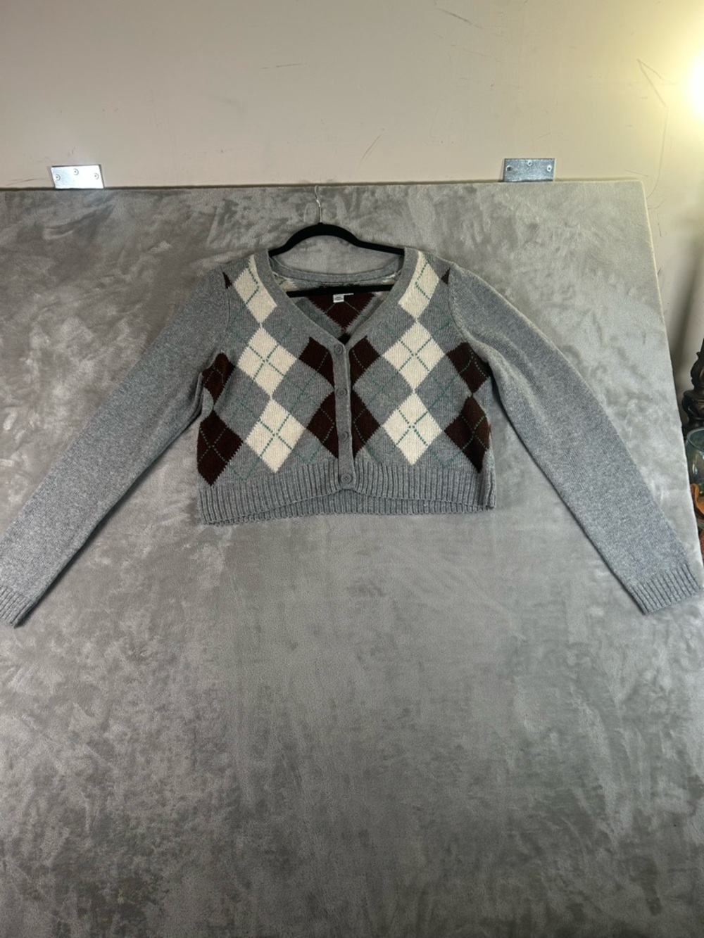 American Eagle Outfitters Cropped Argyle Button-Front Sweater - Gray/Brown/Cream - Picture 5 of 9